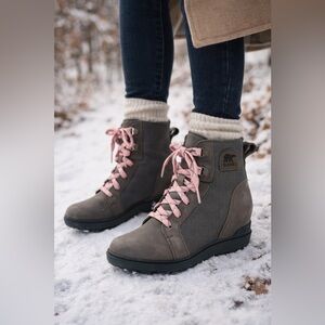SOREL Evie II NW Lace Waterproof  Ankle Wedge Boots Gray Pink Laces Women’s 6.5
